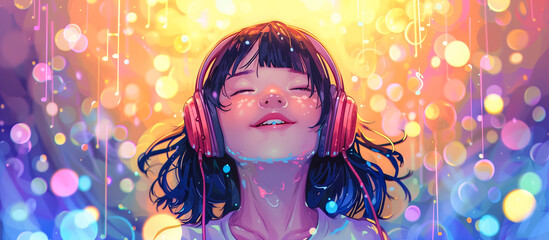 Canvas Print - a Girl wearing headphones with iridescent pastel music background