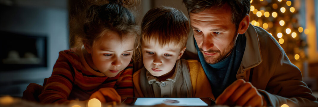 Family bonding over tablet. A father and his two young children enjoying screen time together in a warm, homey environment. Ideal for advertisements, blogs, and social media on family life