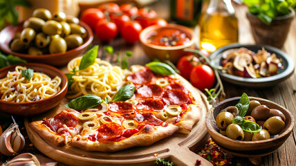  A table adorned with a freshly baked pizza, its cheese bubbling and golden, surrounded by bowls of vibrant olives and ripe tomatoes, set against a rustic kitchen backdrop with wooden planks.