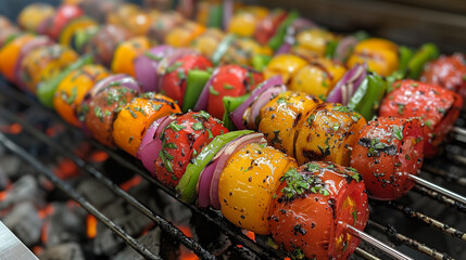 Wall Mural - A close-up shot of colorful vegetable skewers grilling on a hot grill, showcasing a delicious medley of red tomatoes, yellow peppers, and purple onions