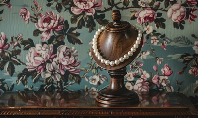 Wall Mural - A luxurious wooden pedestal with a polished finish, displaying a pearl necklace on a classic floral wallpaper backdrop