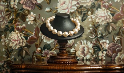 Wall Mural - A luxurious wooden pedestal with a polished finish, displaying a pearl necklace on a classic floral wallpaper backdrop