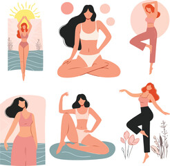 6 Women in Natural Poses Flat Illustration Color Harmony Illustrations Set