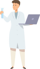 Poster - Scientist is holding a test tube and using a laptop, potentially analyzing data or conducting research