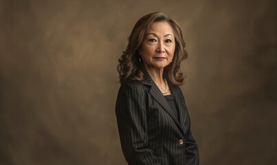 Wall Mural - Classic portrait of a senior businesswoman in a dark pinstripe suit against a neutral taupe backdrop