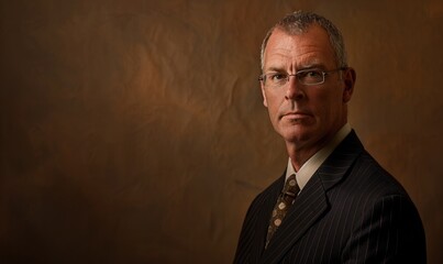 Wall Mural - Classic portrait of a senior executive in a dark pinstripe suit against a neutral taupe backdrop