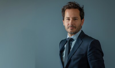 Sticker - Elegant headshot of a professional in a tailored navy suit against a pale blue backdrop