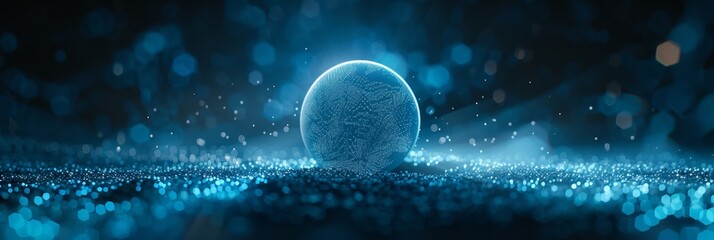 Wall Mural - Minimalist blue background featuring a glowing 3D particle sphere, creating a tech-inspired design with plenty of free