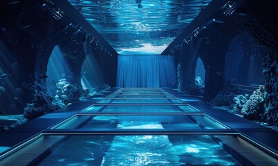 Fashion runway with transparent glass floor, underwater ocean backdrop