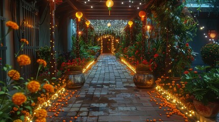 corridor of an Indian house beautifully decorated with marigold flowers and lights