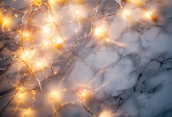 Wall Mural - Garland of cold yellow lights on the polished marble background
