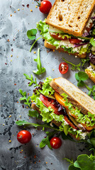 Wall Mural - portrait food photo of vegetable club sandwich with salad in white background and blank space for text edits 