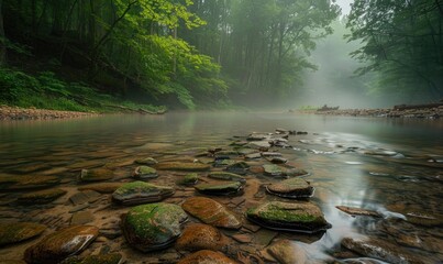Wall Mural - Harmonious alignment of river stones on a forest floor