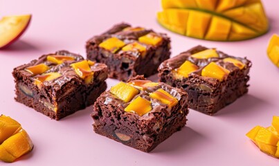 Mango and caramel brownies on a pale pink backdrop