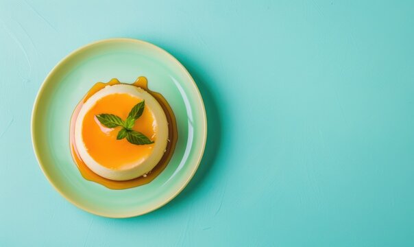 Mango and caramel flan on a pastel blue background