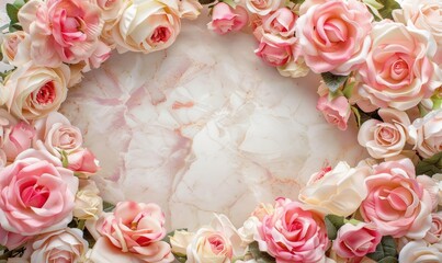 Wall Mural - Marble background, wreath of roses