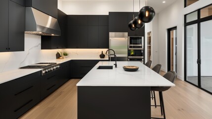 Wall Mural - Sophisticated kitchen design with sleek black cabinets, expansive black island featuring a breakfast bar, state-of-the-art appliances, minimalist fixtures, and open shelving