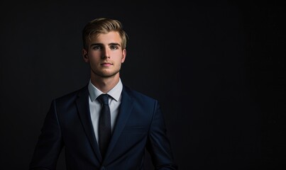 Wall Mural - Portrait of a young man in a navy blue suit against a simple black backdrop