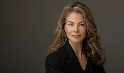 Wall Mural - Portrait of a woman in a black blazer against a neutral gray backdrop