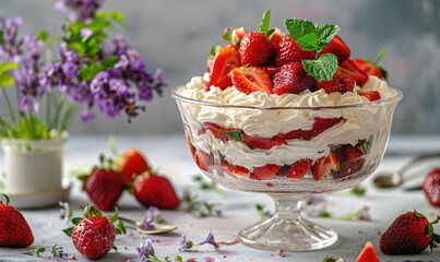Wall Mural - Strawberry trifle on a light lavender surface