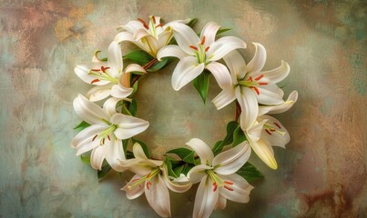 Wall Mural - Wreath of lilies on sandstone background