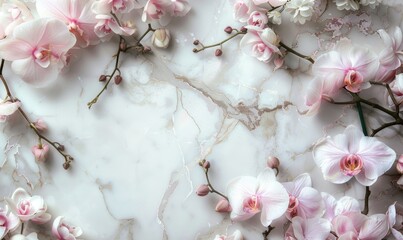 Wall Mural - Wreath of orchids on the polished marble background