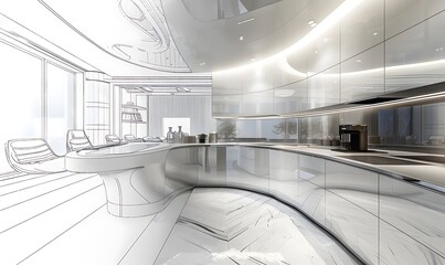 Wall Mural - Futuristic Kitchen Fusion Photo and Sketch of Modern Interior A half-photo, half-sketch kitchen with sleek, futuristic elements seamlessly blending together