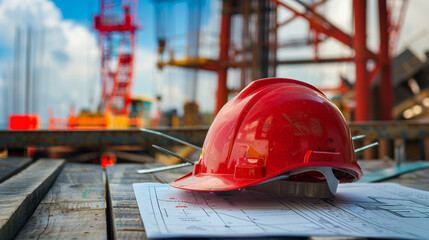 Wall Mural - Safety at large construction site. In the drawings, there is red construction helmet on the table. Construction is visible behind.