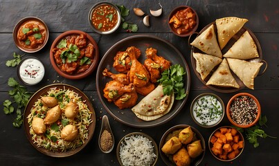 Wall Mural - Gourmet Indian Spread, Butter Chicken, Rice, Samosas, Pani Puri A beautifully arranged top view of popular Indian dishe