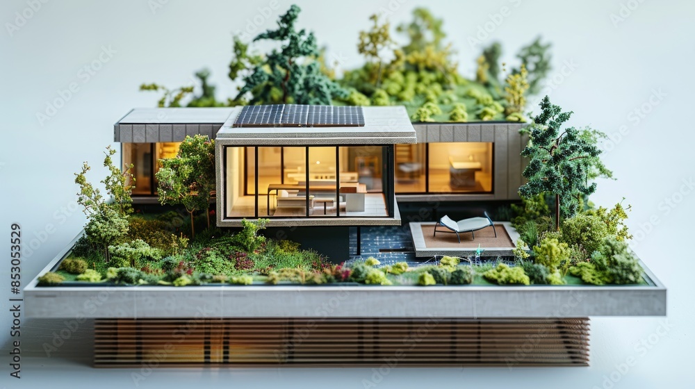 Picture of Architectural model of an eco-friendly house with solar panels and ...