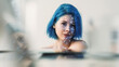 © golubovy - Sensual woman. Perfect skin. Tranquil lady with blue hair tenderly looking light flickering on pure fresh face bokeh beams blur background.