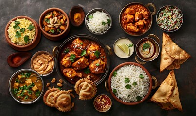 Wall Mural - Gourmet Indian Spread, Butter Chicken, Rice, Samosas, Pani Puri A beautifully arranged top view of popular Indian dishe