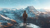 Man Standing on a Mountaintop, Looking Out at a Snowy Landscape