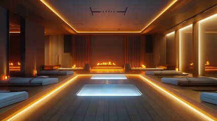 high-tech meditation room with ambient smart lighting and a floor that gently heats to promote relaxation during meditation sessions