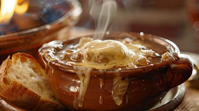 Photograph of a steaming bowl of French onion soup, its rich, golden broth topped with a gooey layer of melted GruyÃ¨re cheese and a crusty slice of French bread.