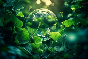 Wall Mural - A green plant is inside a clear bubble.