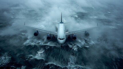 Poster - Coastal cliffs Depict an airplanes shadow soaring over rugged coastal cliffs, with crashing waves and sea spray adding drama to