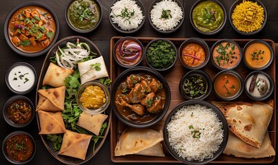 Wall Mural - Gourmet Indian Spread, Butter Chicken, Rice, Samosas, Pani Puri A beautifully arranged top view of popular Indian dishe