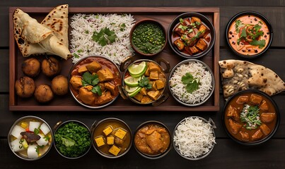 Wall Mural - Gourmet Indian Spread, Butter Chicken, Rice, Samosas, Pani Puri A beautifully arranged top view of popular Indian dishe