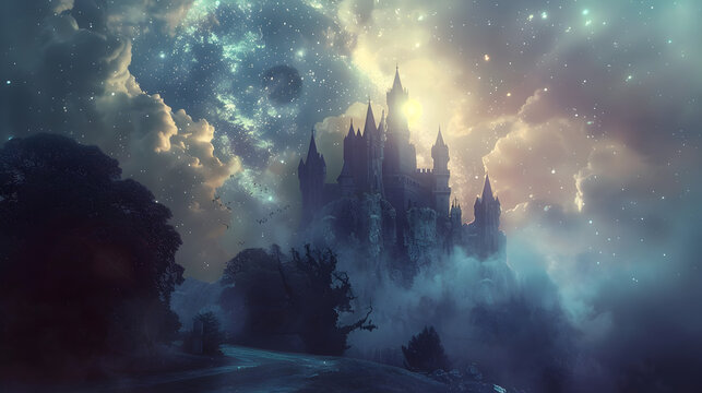 A fantasy castle surrounded by a mystical aura.


