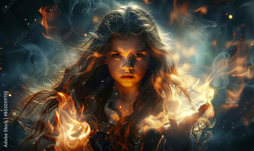 Little angry furious wizard. Magic is in the air. The great little girl ...