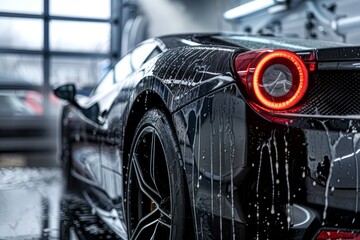 Professional car wash  black sports car meticulously shampooed for ultimate cleanliness