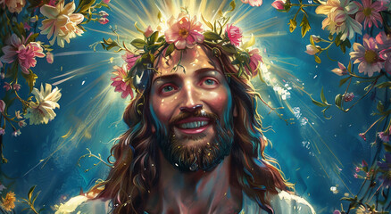 A beautiful painting of Jesus Christ with flowers in his hair, smiling and looking at the viewer