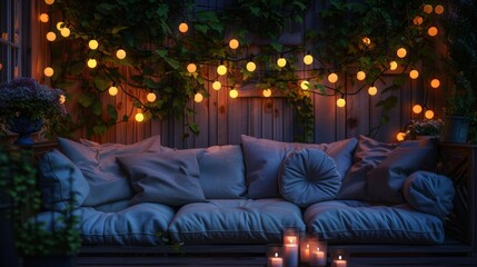 Wall Mural - Hang modern string lights in geometric patterns above your outdoor seating area, casting a warm and inviting glow on your