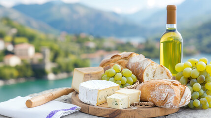 Cheese Platter with Wine and Bread. Outdoor Picnic with Grapes