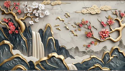 Wall Mural - colorful Volumetric stucco molding on a concrete wall with golden elements, Japanese landscape, waterfall, mountains, sakura. 