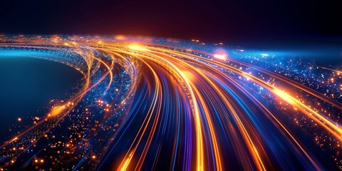 Wall Mural - blue orange glowing light path trail., the concept of technology and information transfer. abstract 