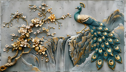 Sticker - colorful Volumetric Peacock bird stucco molding on a concrete wall with golden elements, Japanese landscape, waterfall, mountains, sakura. 