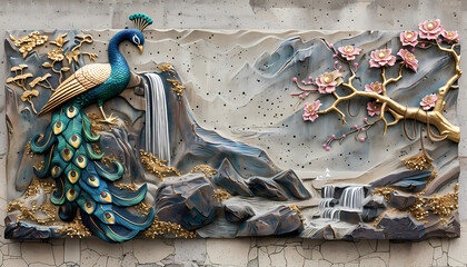 Poster - colorful Volumetric Peacock bird stucco molding on a concrete wall with golden elements, Japanese landscape, waterfall, mountains, sakura. 