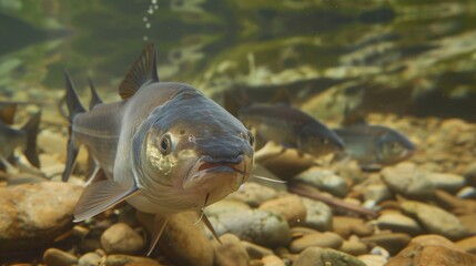 Wall Mural - Catfish (Silurus Glanis), swimming at the bottom of a river. There is one fish in the foreground